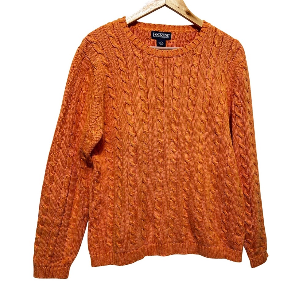 Vintage Lands End Women Chunky Cable Knit Sweater‎ L Orange Classic Preppy 90s